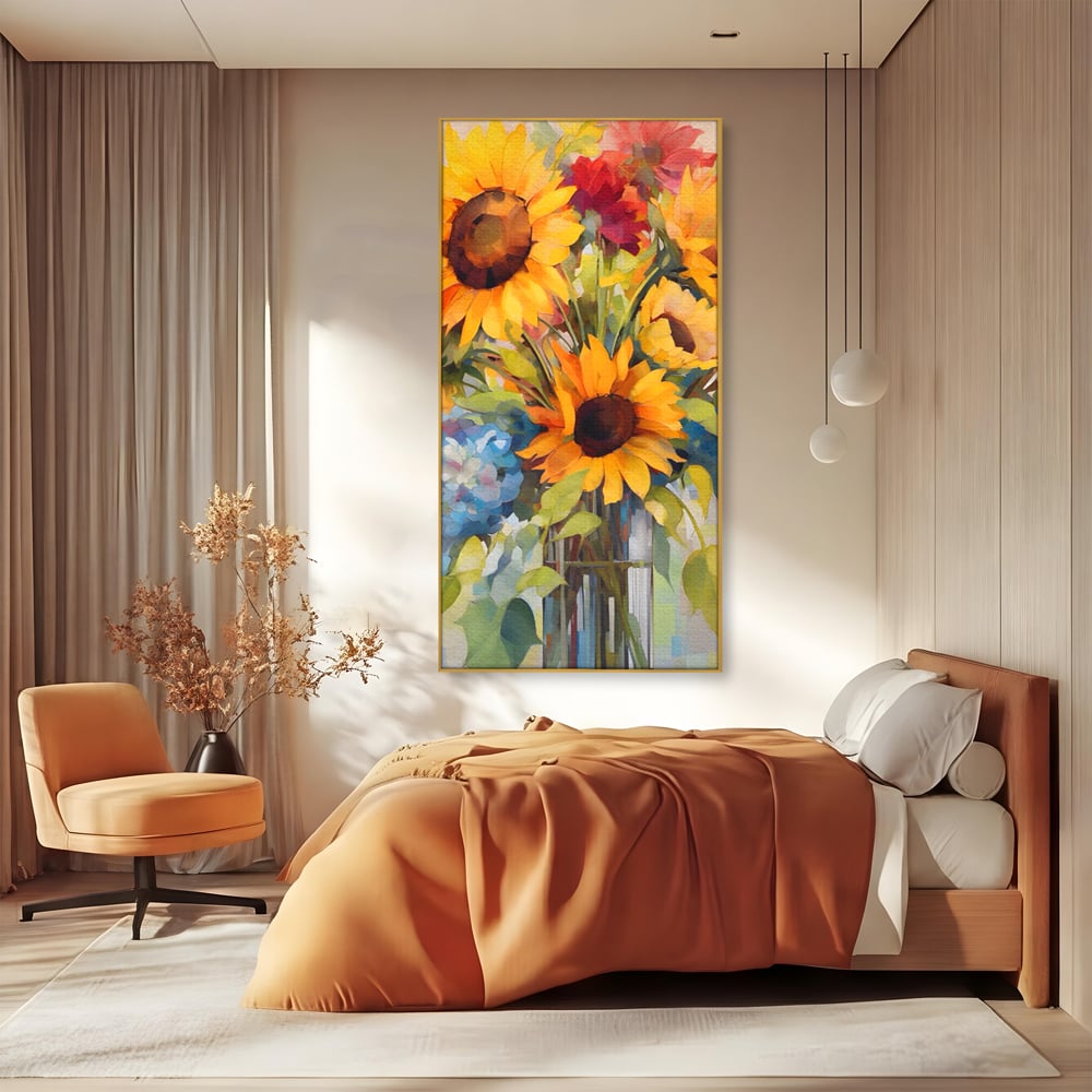 Tablou canvas cu pictura cu floarea-soarelui si flori de camp, in rama de aluminiu auriu, pe perete intr-un dormitor